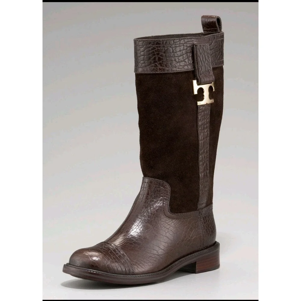 Tory Burch Corey Brown Leather Suede Mid Calf Boots 10 Logo Low‎ Heel Equestrian